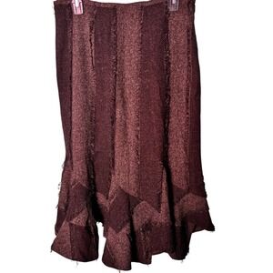 Maakif Brown‎ Textured Fringe Skirt Womens Size 10 Midi Flared Party